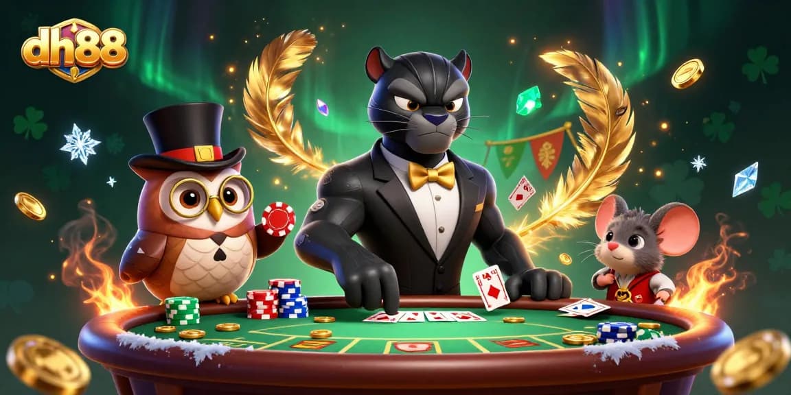 Engage with dh88's exciting poker scene featuring a stylish panther dealer, an owl with poker chips, and a lucky mouse.