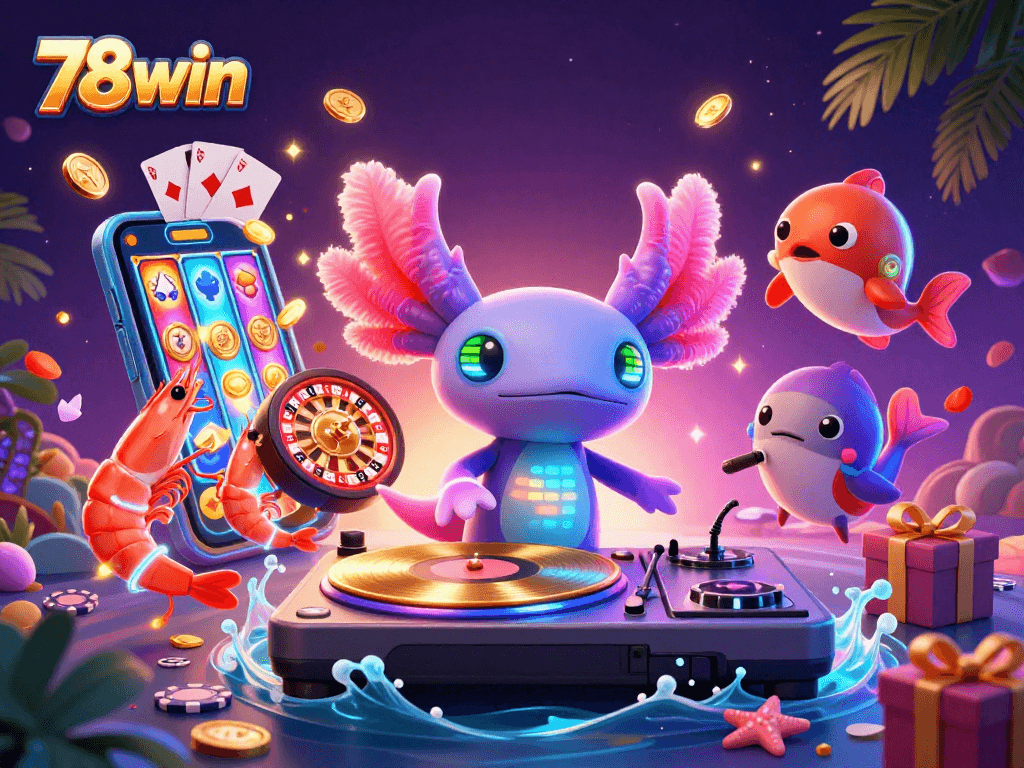 Join the vibrant energy of 78win's immersive casino scene with a dynamic underwater party featuring gaming elements.