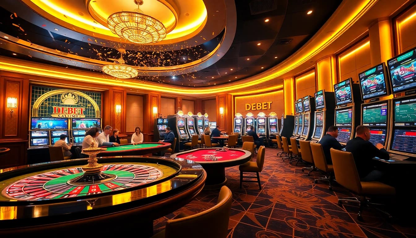Engaged players enjoying the thrilling atmosphere of DEBET casino with poker and roulette.