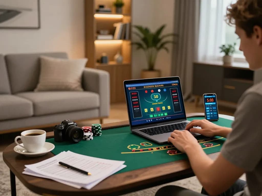 Engaging in strategic online gambling at home on 78wind with a cozy setup.