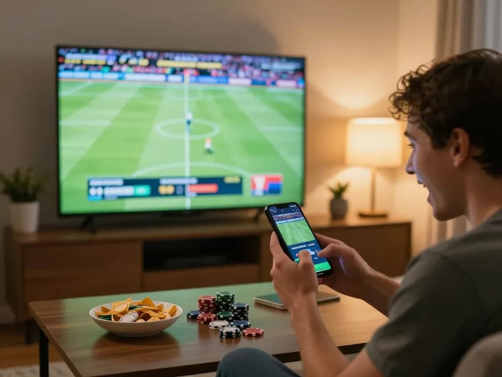 Engaged in live betting on Sky88 uy tín app during a sports match at home