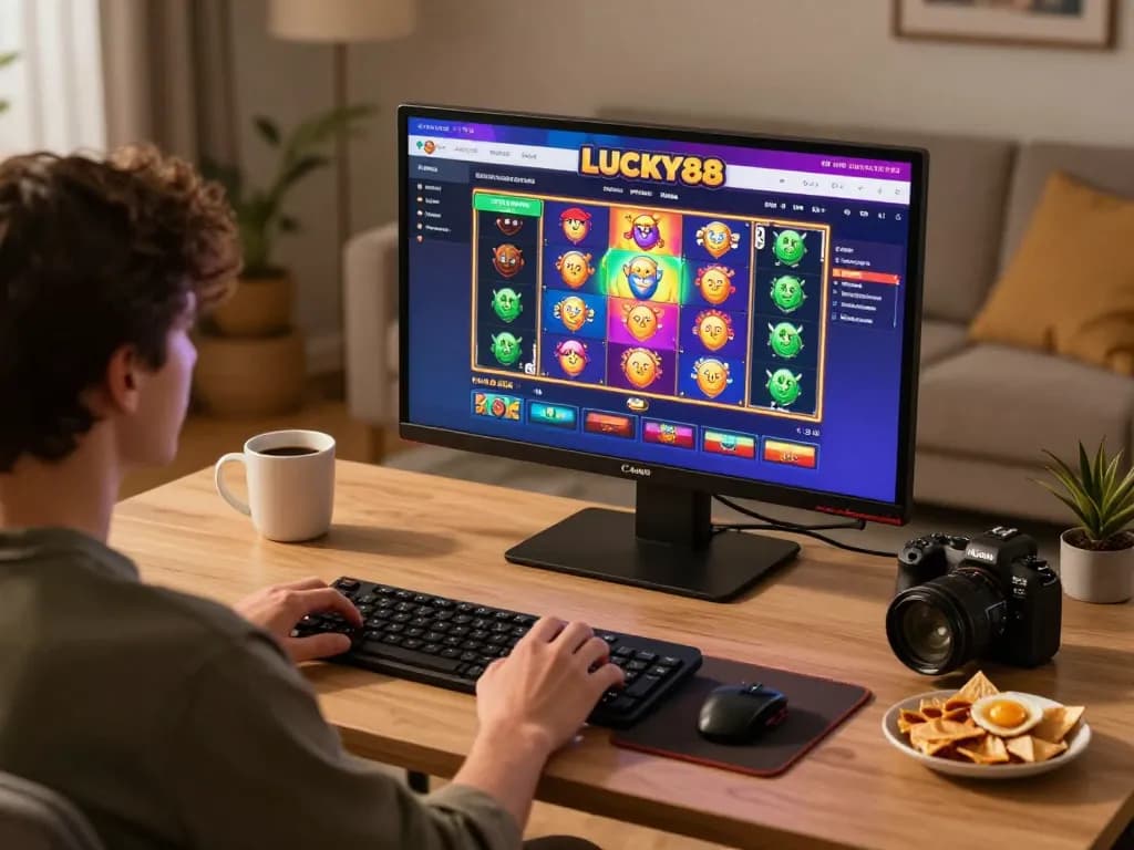 Engaging user at home enjoying LUCKY88 online casino gameplay on a tablet, showcasing thrilling slots.