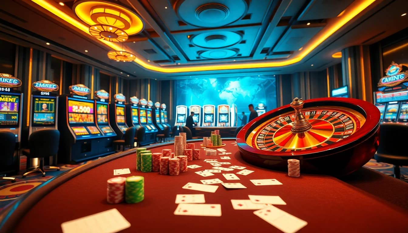 MM88 casino scene showcasing dynamic poker action, colorful chips, and roulette excitement