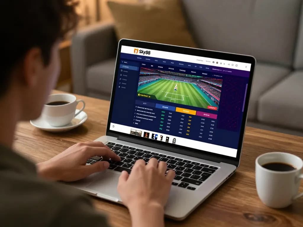 Engaging online sports betting scene illustrating Link truy cập Sky88 on a laptop while analyzing odds