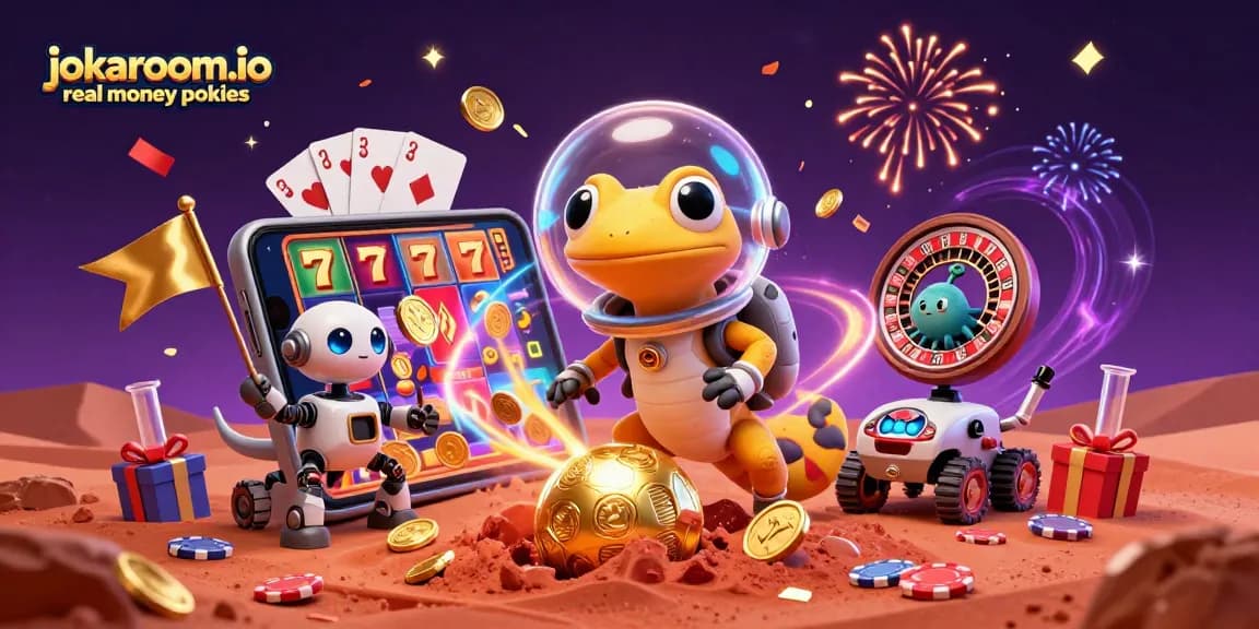 Engaging scene of jokaroom.io real money pokies with a Martian gecko and casino treasures amidst vibrant, dynamic elements.