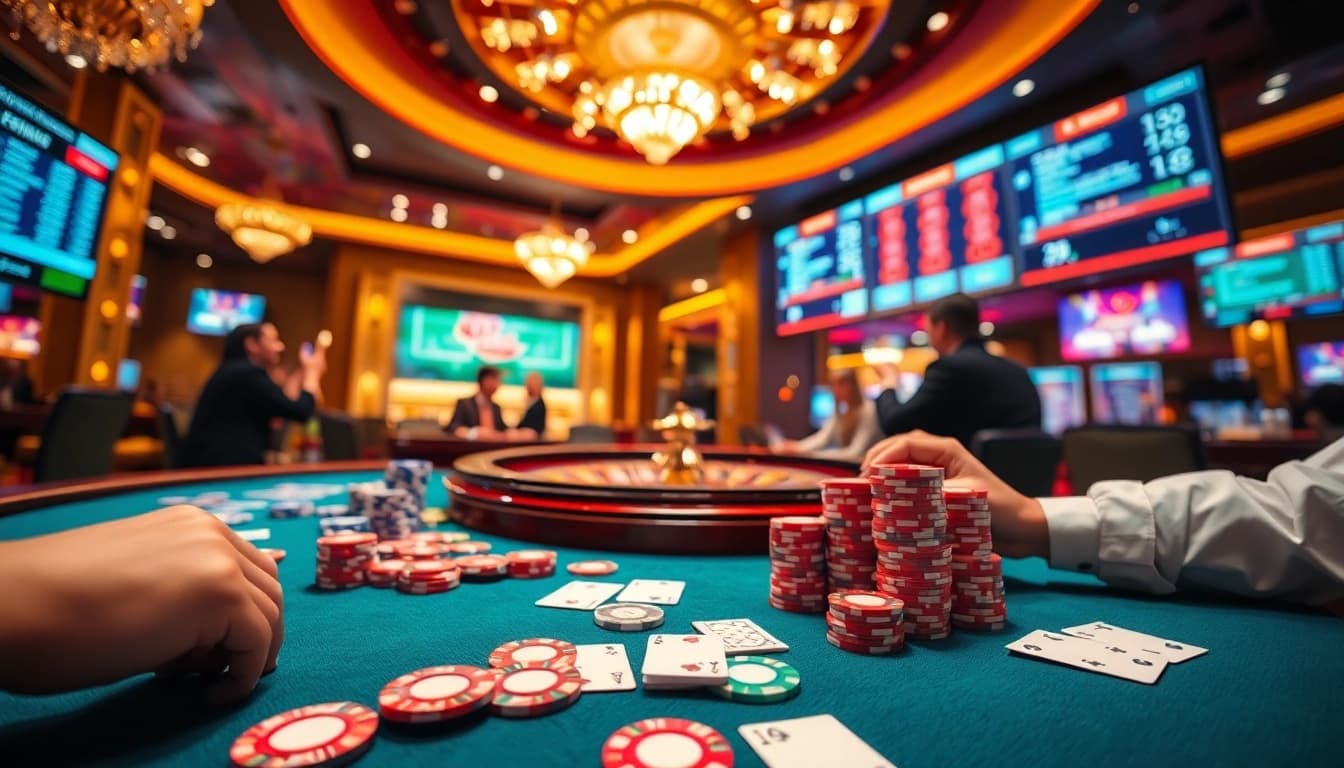 DOLA88 CLUB players engaging at a vibrant casino table surrounded by excitement and modern gaming interfaces.