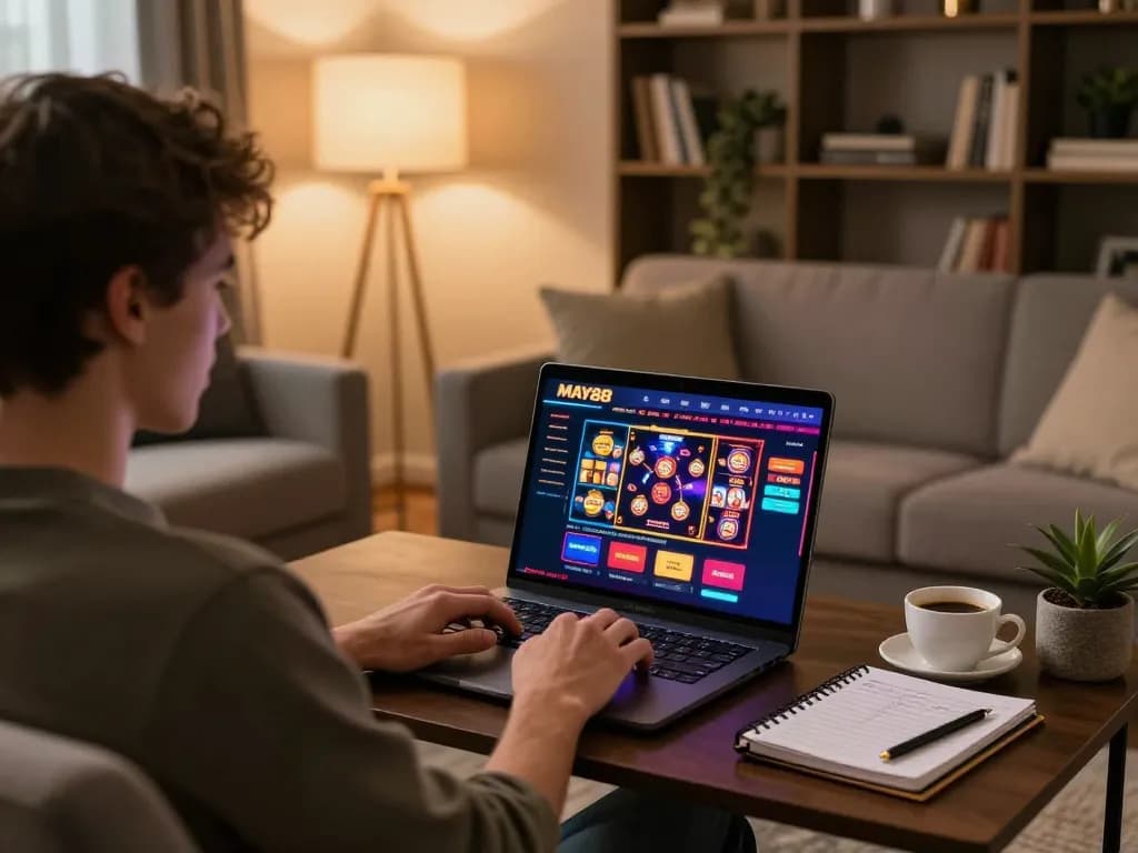 MAY88 player enjoying a diverse online casino experience in a cozy home setting with a laptop.