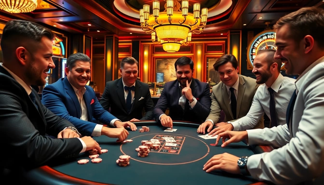 Engaging poker action in a luxurious man club casino setting.