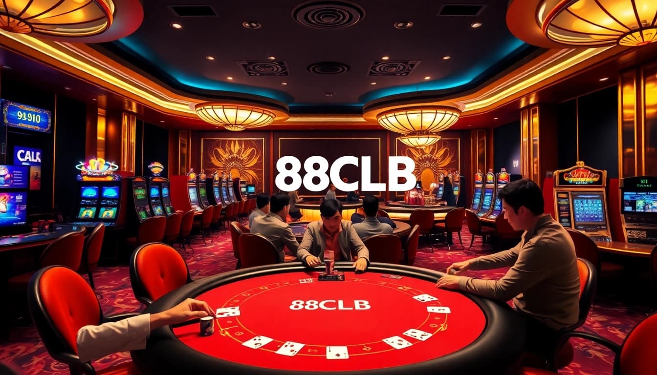 88CLB casino environment featuring luxurious gaming tables and vibrant slot machines, capturing the excitement of online gambling.