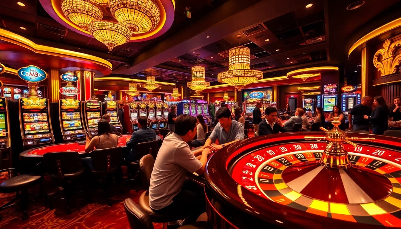 Experience the excitement of CM88 in a bustling casino with vibrant gaming tables and slot machines.