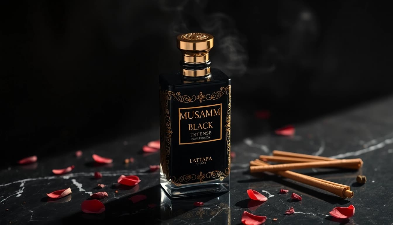 Admire the exquisite Musamam Black Intense by Lattafa displayed elegantly with aromatic oils.
