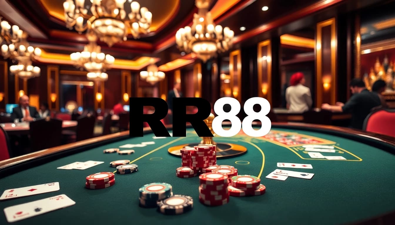 RR88 poker table scene with colorful chips, cards, and an elegant casino backdrop.