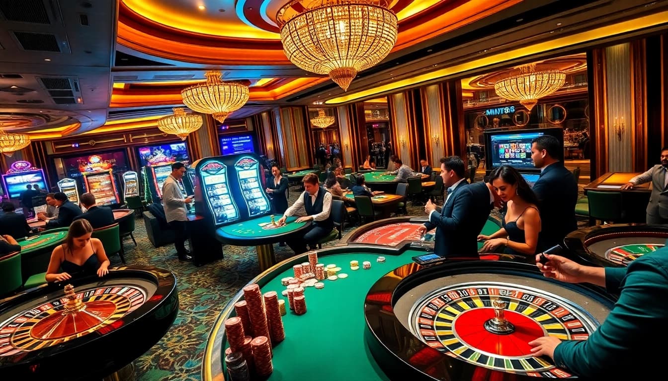 Players enjoying the excitement at mm88 casino, featuring poker chips and roulette tables in a luxurious setting.