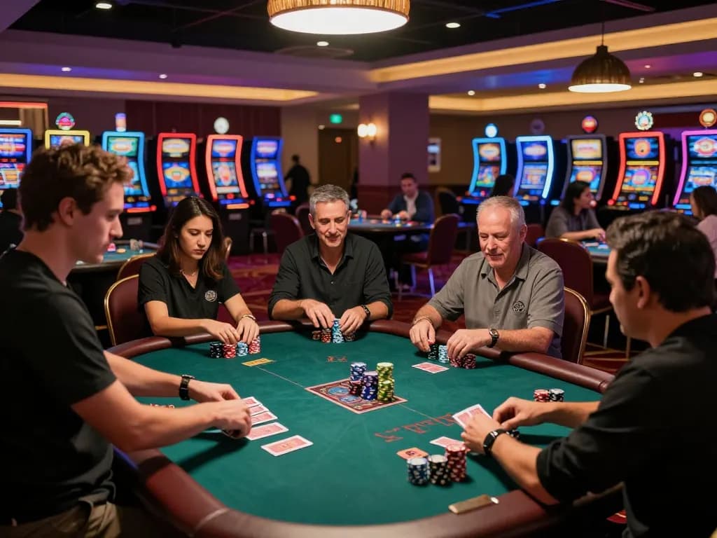 Experience excitement at https://casino555win.com/ with players enjoying poker and blackjack on a vibrant casino floor.