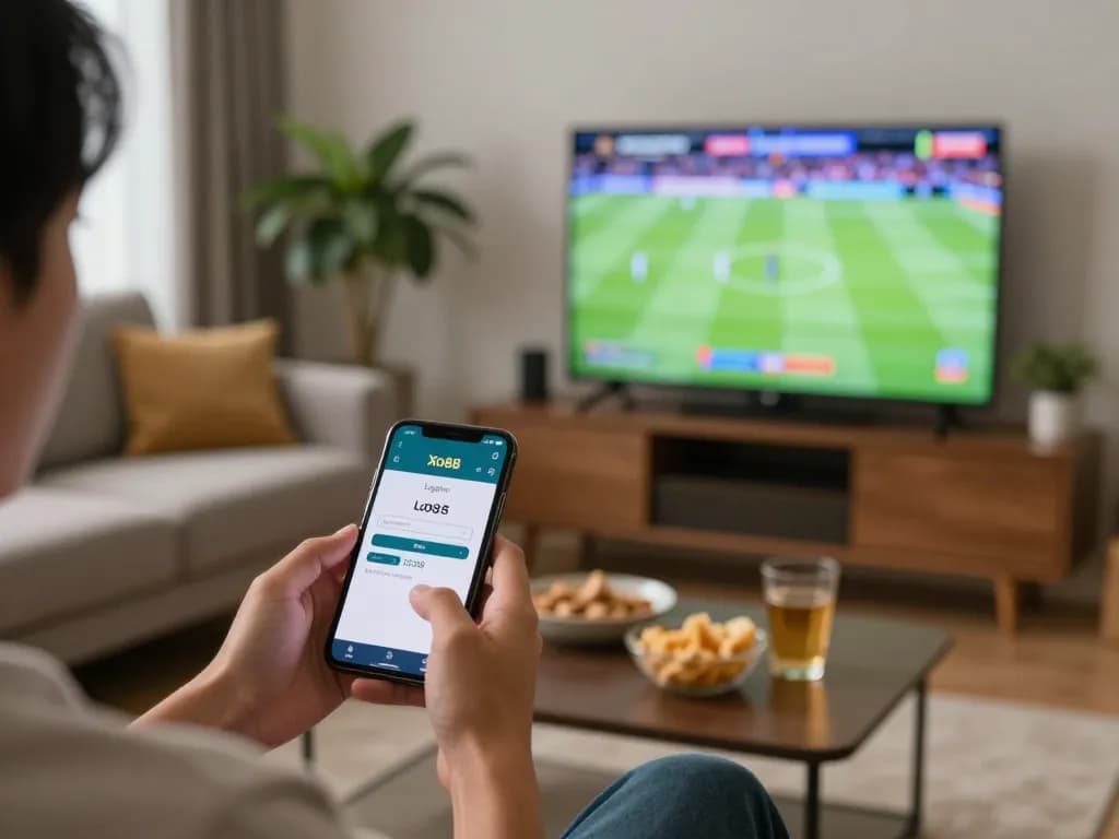 Login Xo88 while betting on a smartphone in a cozy living room setting with snacks.