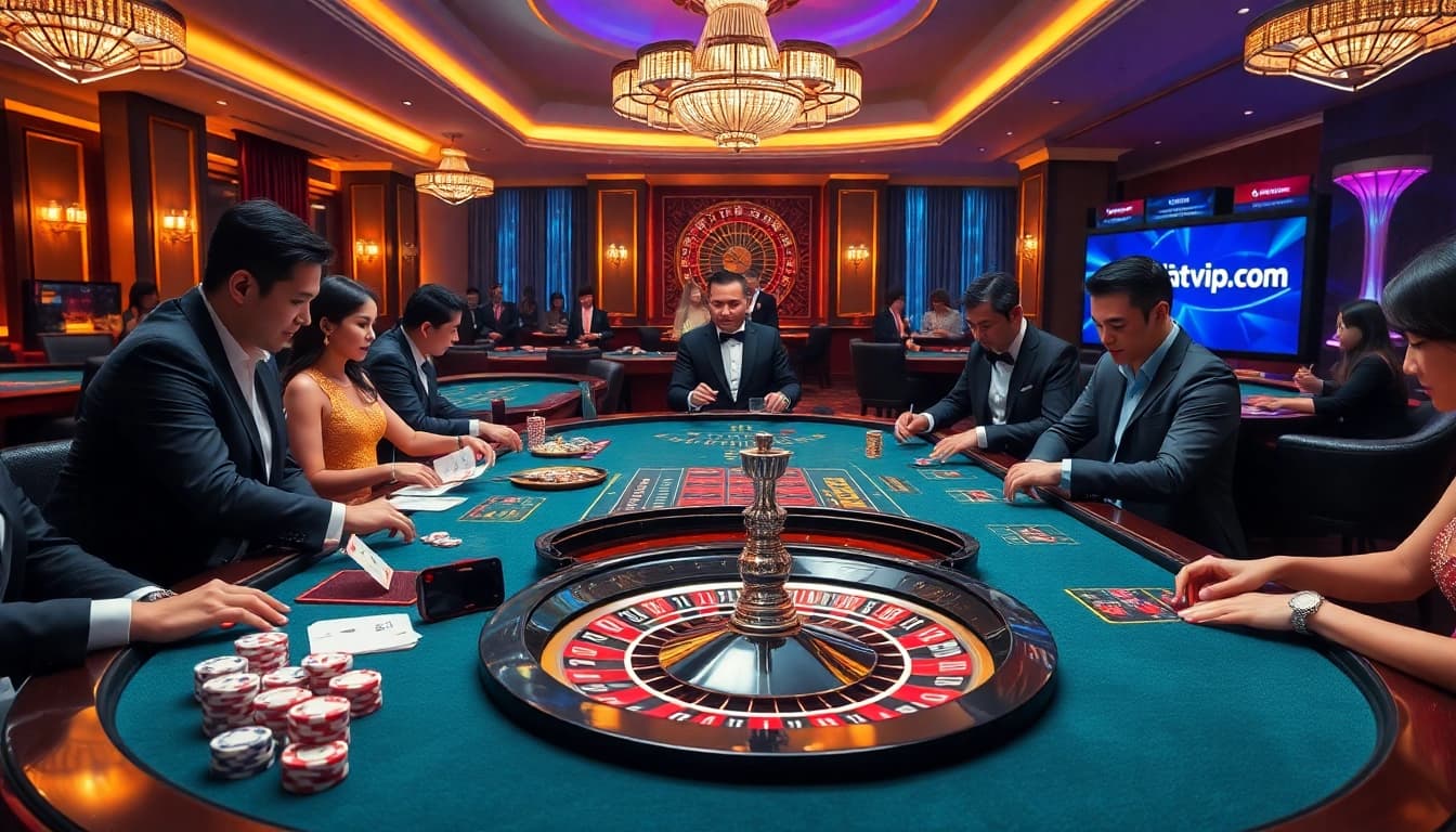 Engaged players wagering at a stylish casino table, featuring nhatvip.com branding.