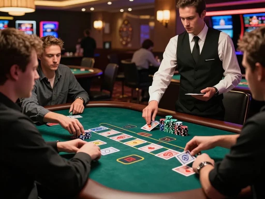 Players engaging with the tr88 link at a blackjack table, vibrant casino atmosphere