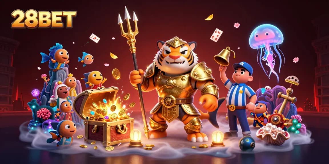 Immerse yourself in the excitement at 28BET with a dynamic underwater casino scene showcasing thrilling gameplay.