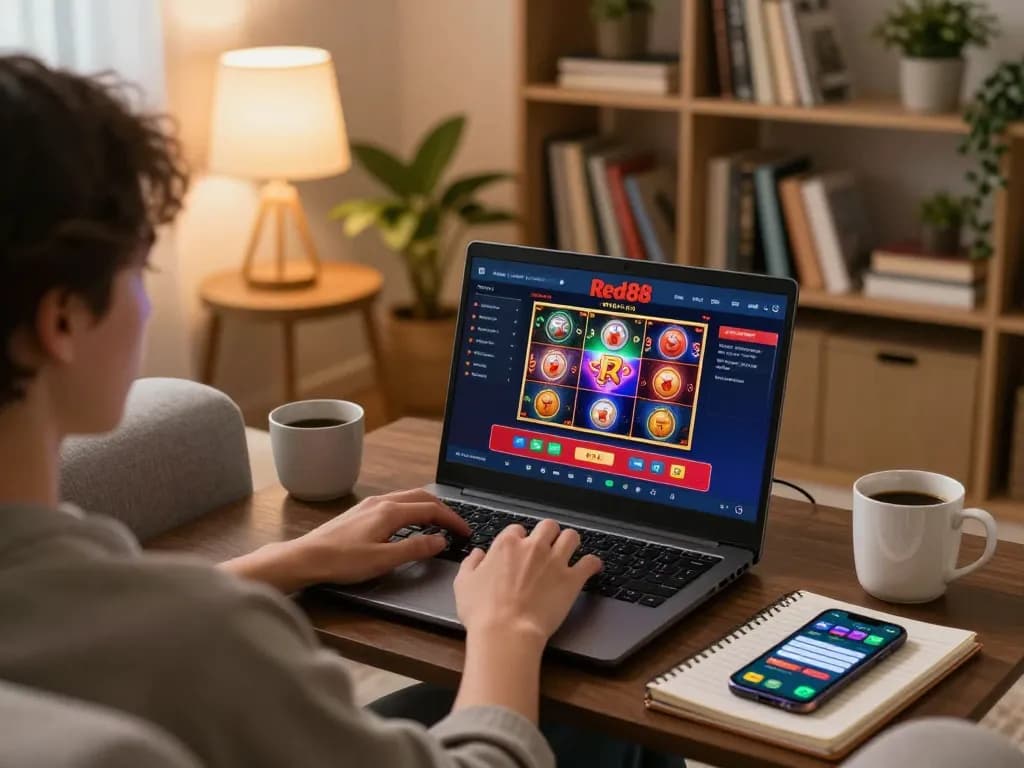 Engaging online gaming setup featuring Red88 uy tín on laptop in cozy home atmosphere