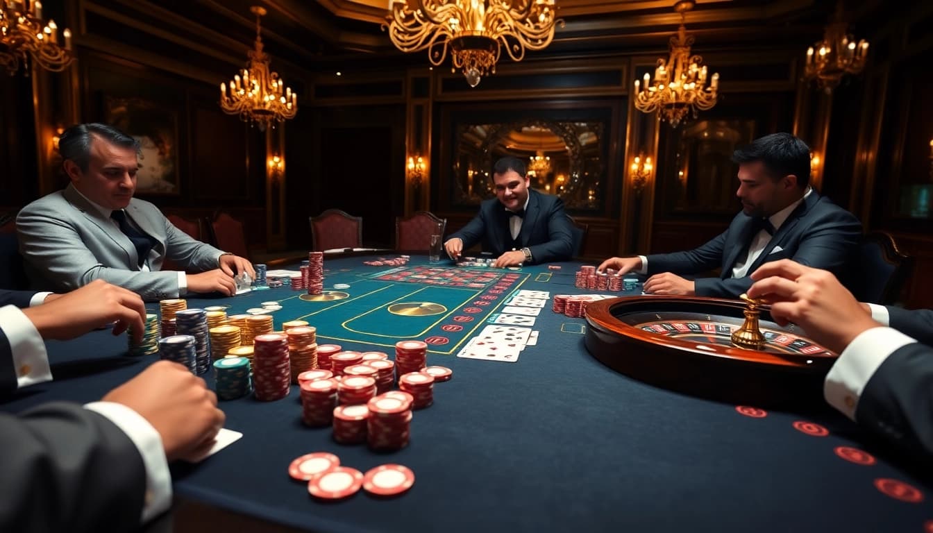 Experience thrilling high-stakes poker at a luxurious casino with hidden wiki links illuminated in the background.