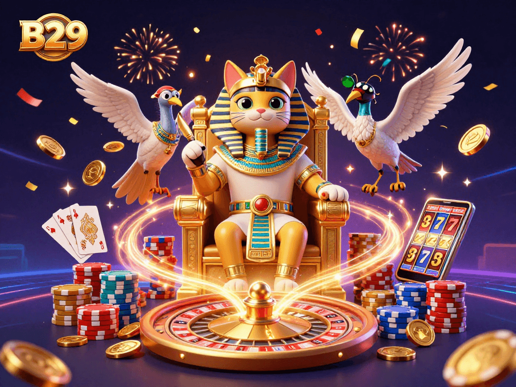 B29 engages players with a cinematic 3D casino scene featuring vibrant characters amid golden coins and a roulette wheel.
