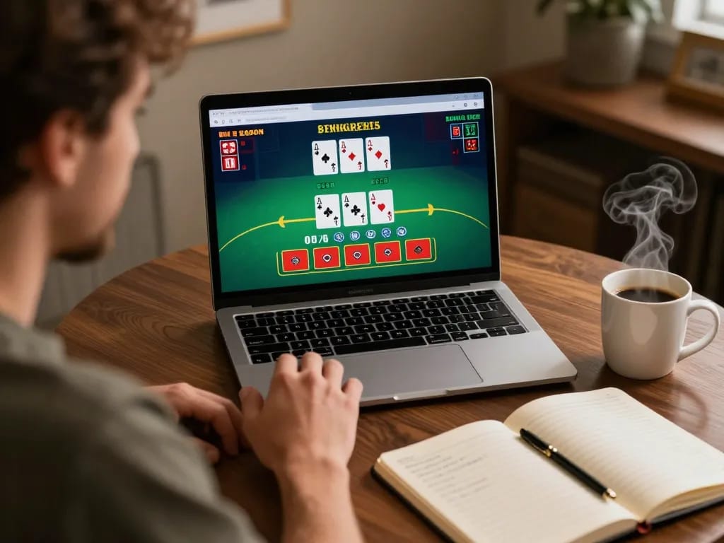 cm88 player focusing on winning strategy during live blackjack game on laptop at home