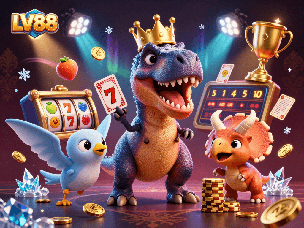 Experience thrilling gameplay at LV88 with a cartoon T-Rex, a friendly pterodactyl, and golden chips.