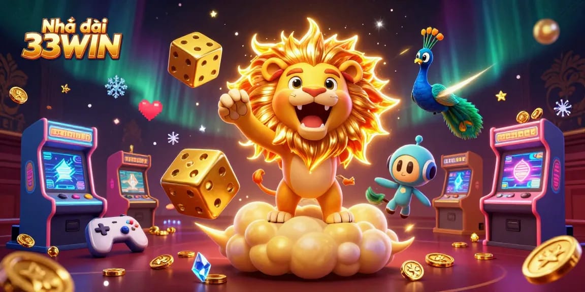 Play exciting games at Nhà cái 33WIN with an engaging 3D casino illustration showcasing vibrant activities.