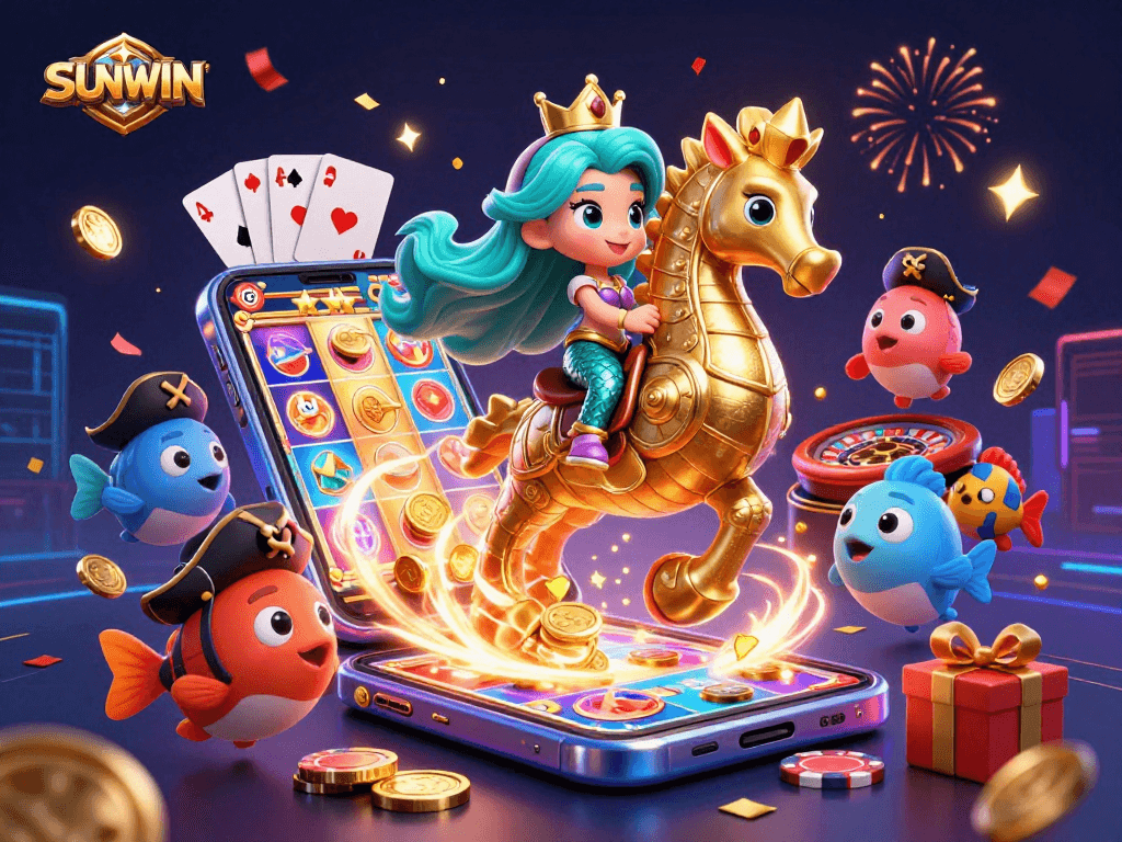 SUNWIN promotes exciting gaming experiences with a vibrant mermaid princess scene filled with colorful slot games and festive elements.