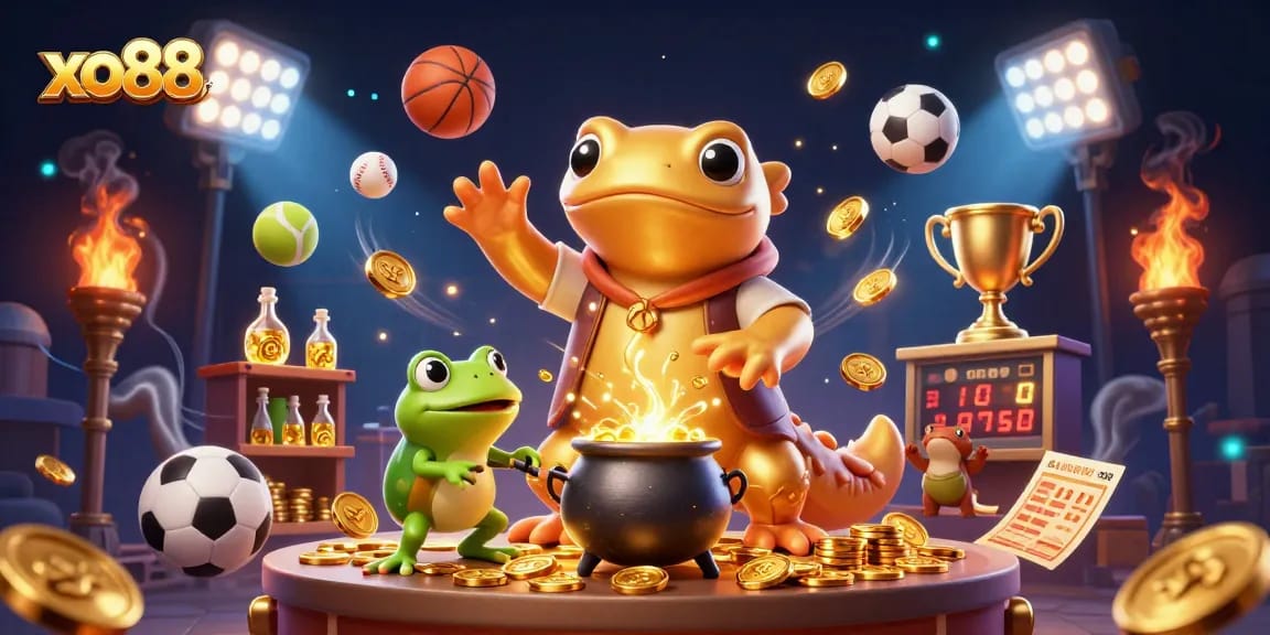 Experience excitement with xo88, featuring a golden salamander and sports-themed casino elements in a captivating scene.