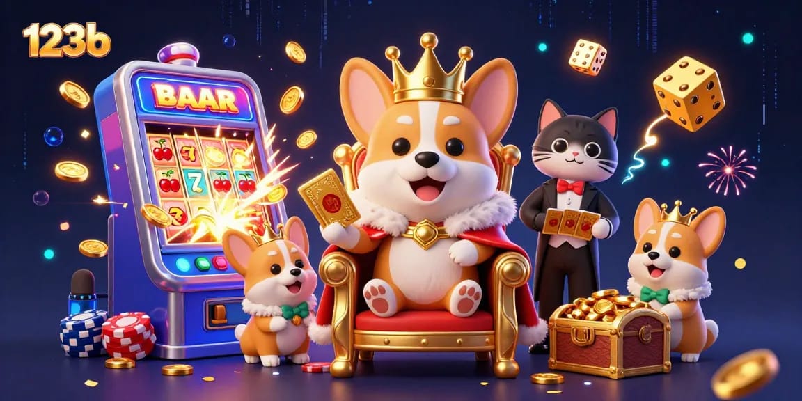 Win big at 123b with a thrilling casino scene featuring a royal corgi and exciting game elements.