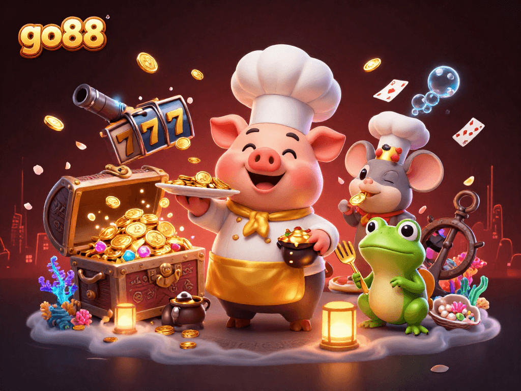 Experience the excitement at go88 with dynamic slots and vibrant casino elements in an enchanting scene.