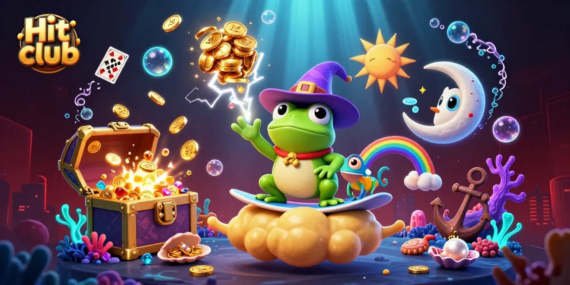 Experience the thrill of Hit club with golden coins raining from a wizard frog in a vibrant, 3D digital casino scene.