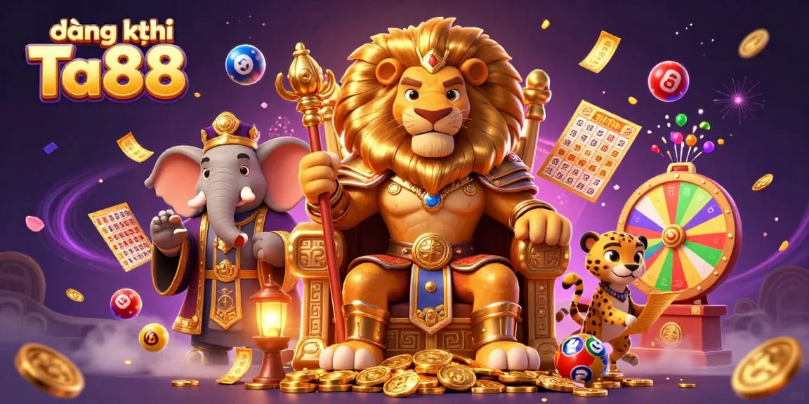 Engage with đăng ký Ta88 and thrill your luck with a vibrant casino scene of animated characters and lottery elements.