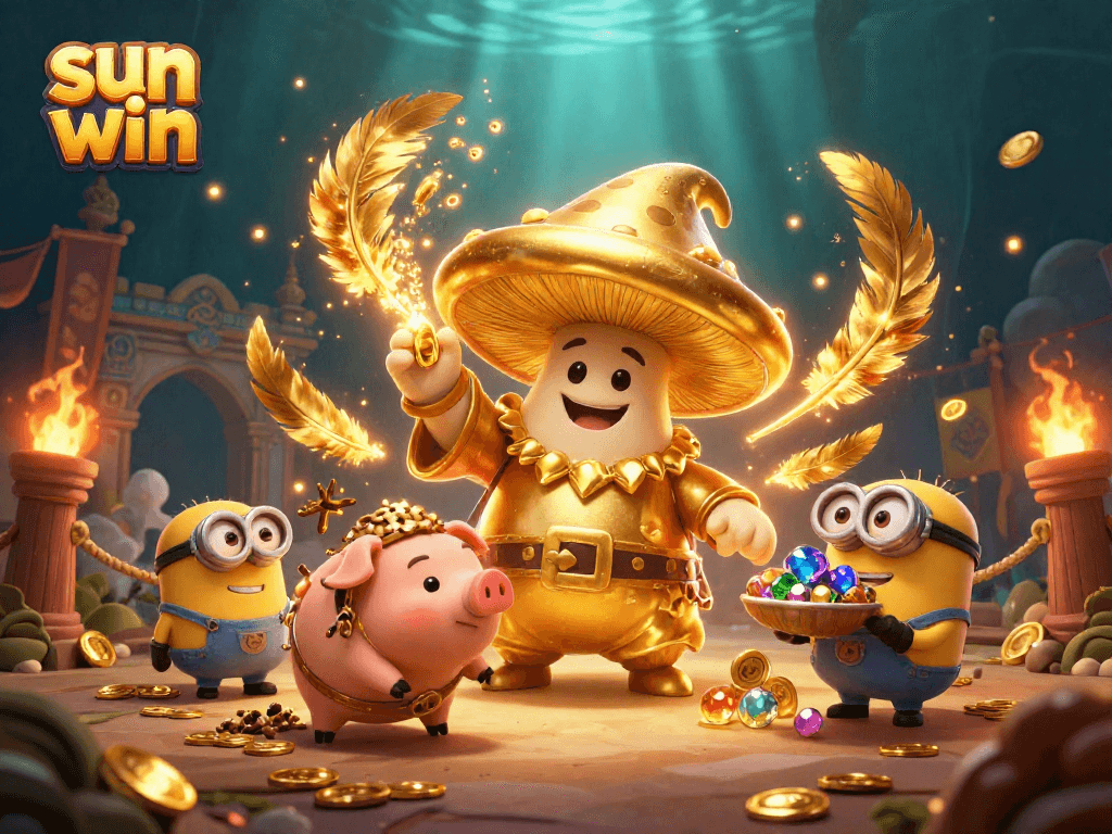 Experience sun win excitement with a golden mushroom wizard and treasure-hunting companions.