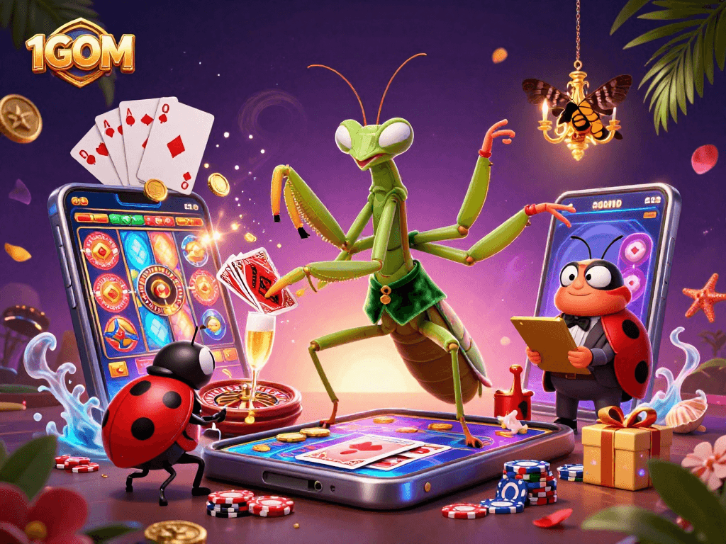 Engage with 1GOM's vibrant casino scene, showcasing card sharp antics and lively game elements.