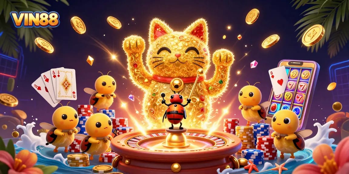 Experience the excitement of VIN88 with a giant lucky cat and dazzling casino symbols.