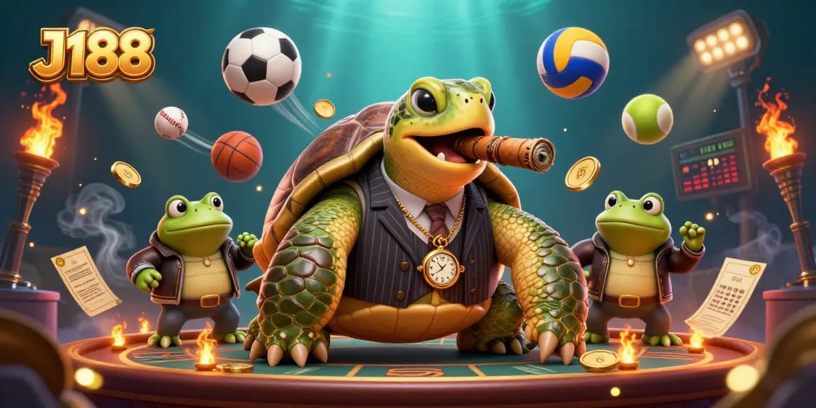 Experience J188's thrilling casino adventure with a mobster turtle and frog enforcers amidst vibrant gaming elements.