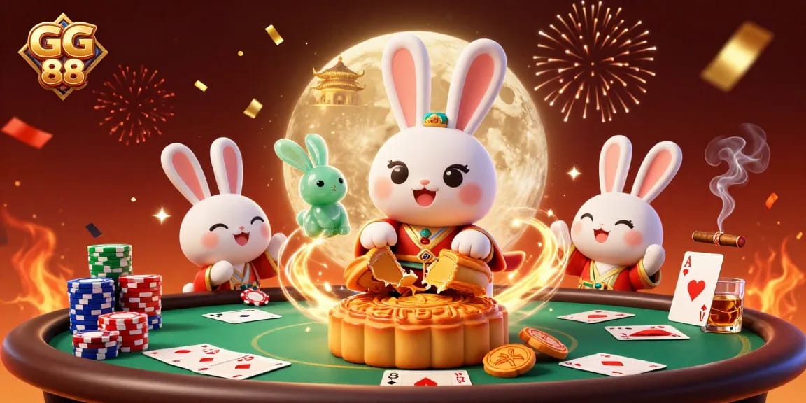 GG 88 poker scene with moon rabbit, chips, and golden palace, showcasing casino excitement.
