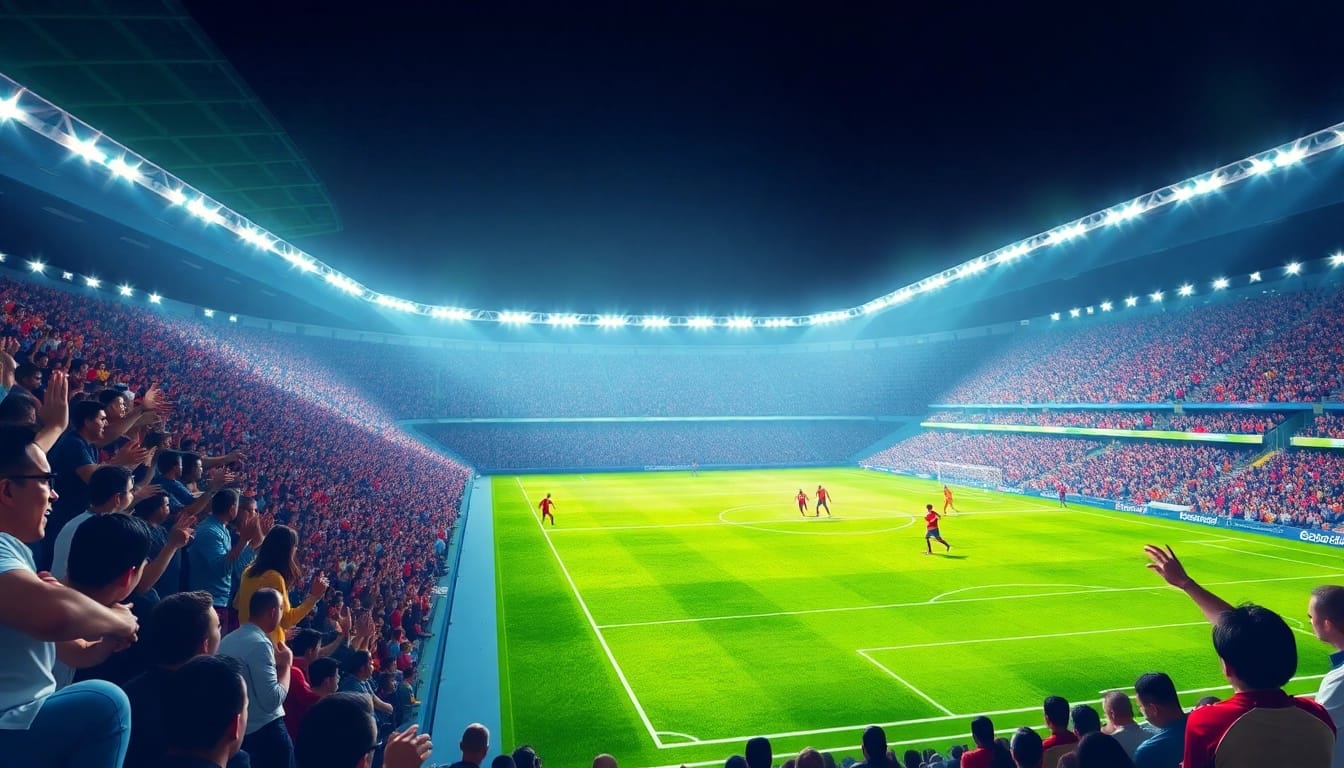 Exciting soccer match scene streamed live on https://socolive.spot/ showcasing fans and players in vibrant colors.