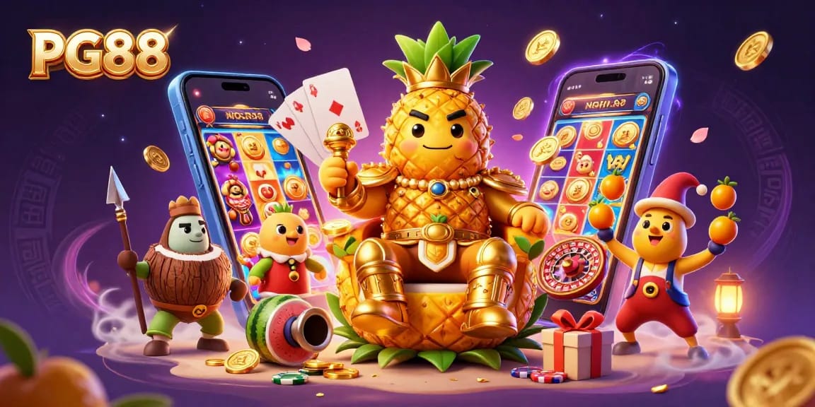 Play and win big at PG88 with the golden pineapple king in this vibrant casino scene!