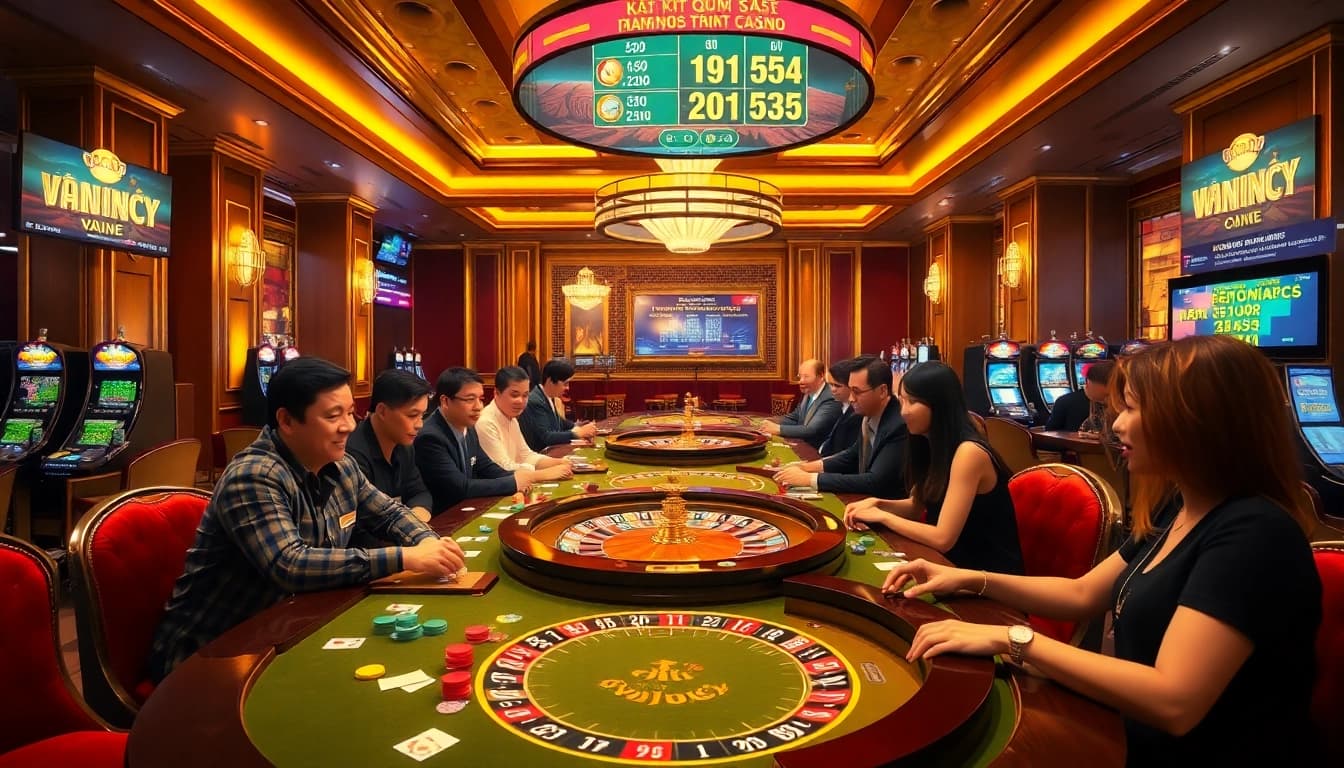 Kết quả xổ số displayed on screens at a vibrant casino table with players engaged in betting.