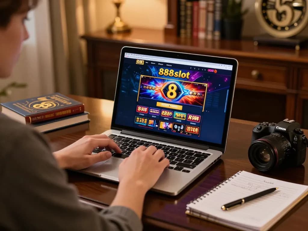 Player engaging with the 888slot interface in a cozy home office, highlighting responsible online gambling.