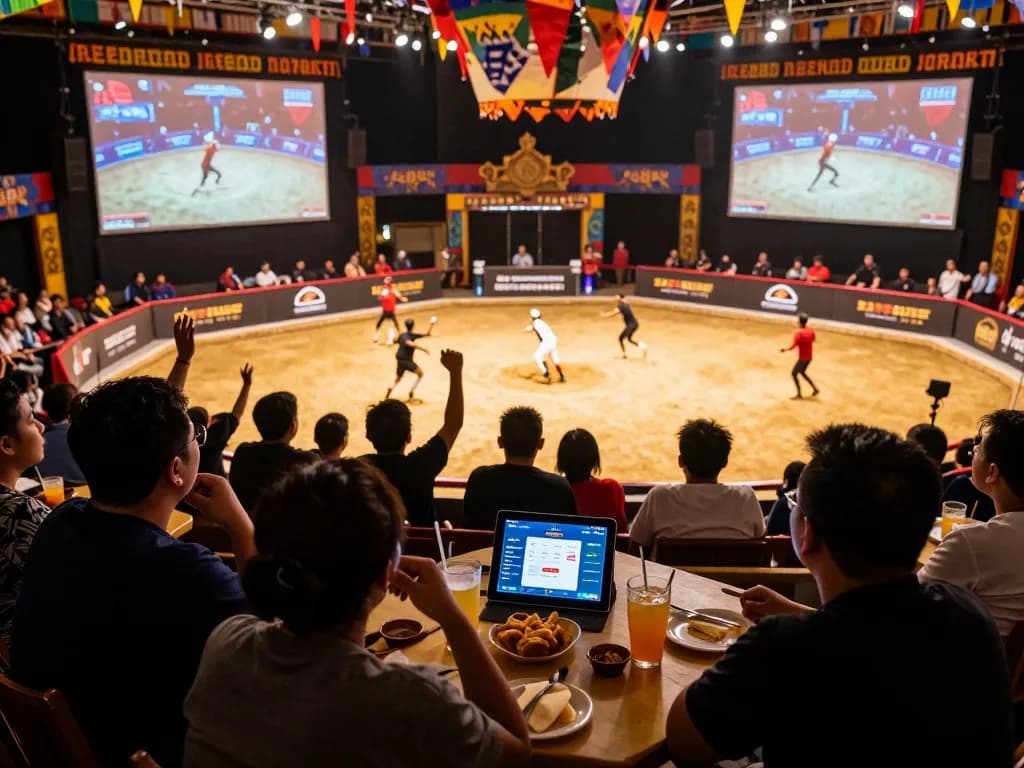View of AE888 cockfighting event highlighting spectators engaging in live betting.