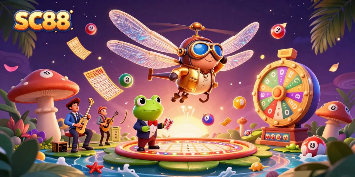 Engage with SC88's thrilling casino experience as a dragonfly pilot hovers above a dynamic lily pad, surrounded by vibrant gaming elements.