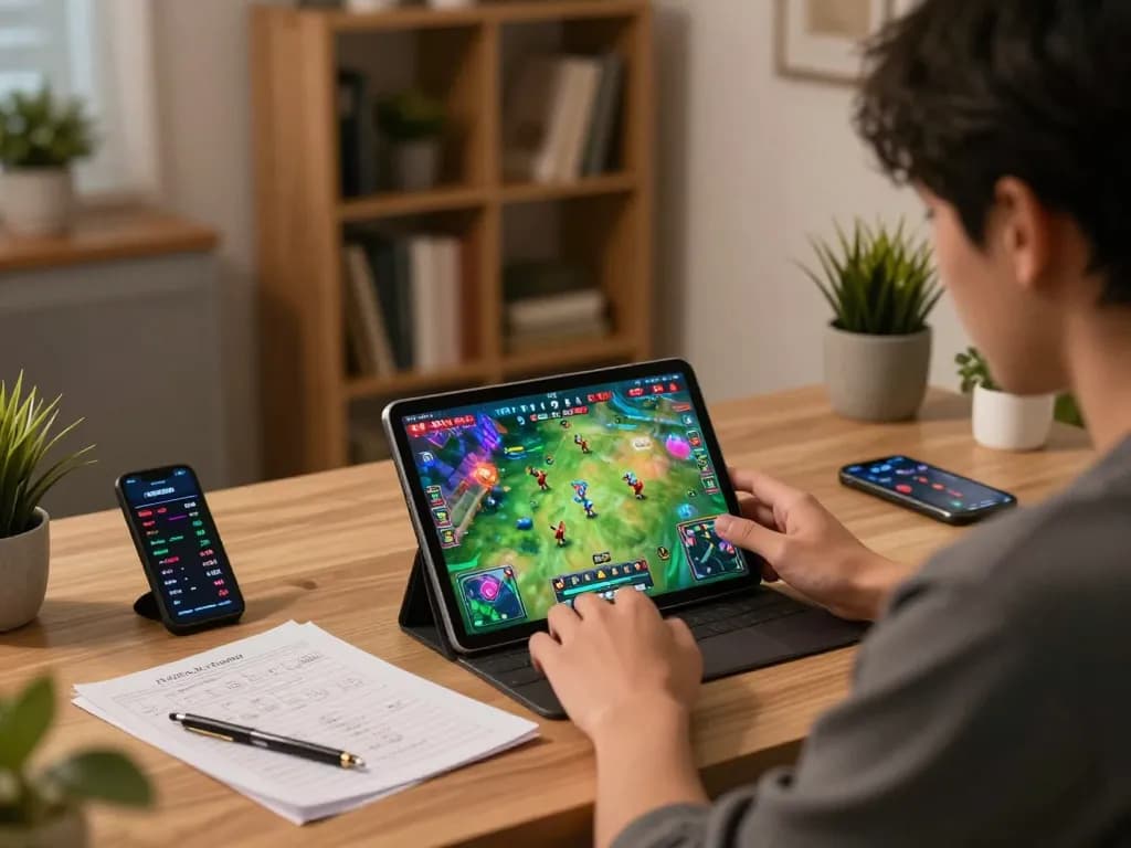 Person engaging with trực tiếp đá gà on tablet while analyzing betting strategies, vibrant home gaming atmosphere.
