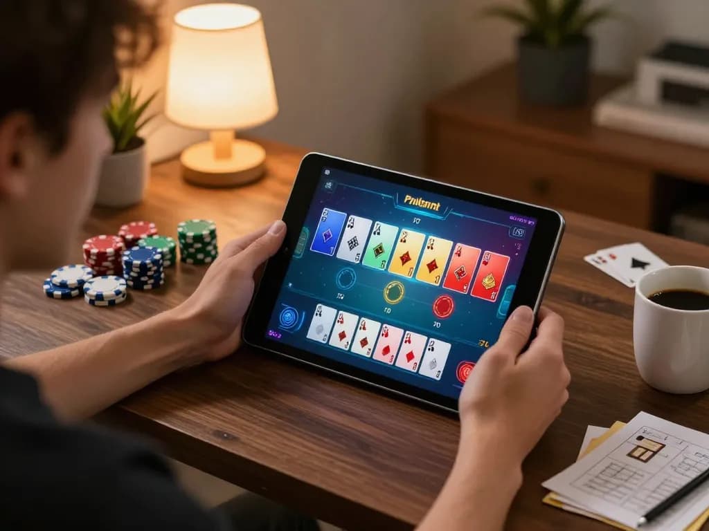 Player engaging in WALA88 online poker game on tablet, vibrant card interface and chips in view