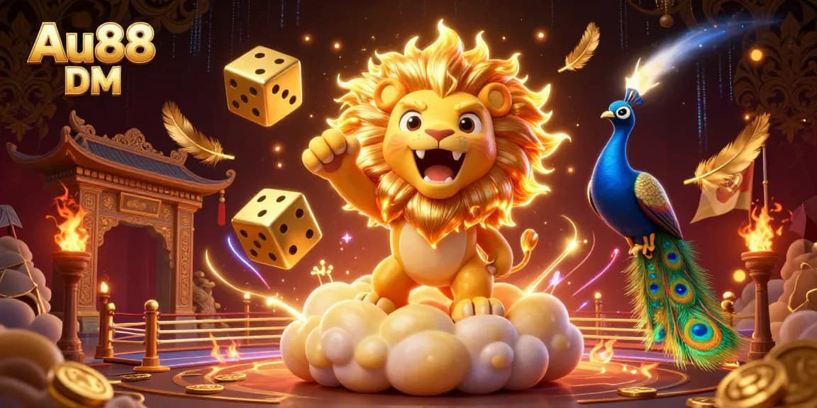 Engage with the thrilling experience of Au88 DM while enjoying dynamic golden dice and a roaring lion on a casino platform.