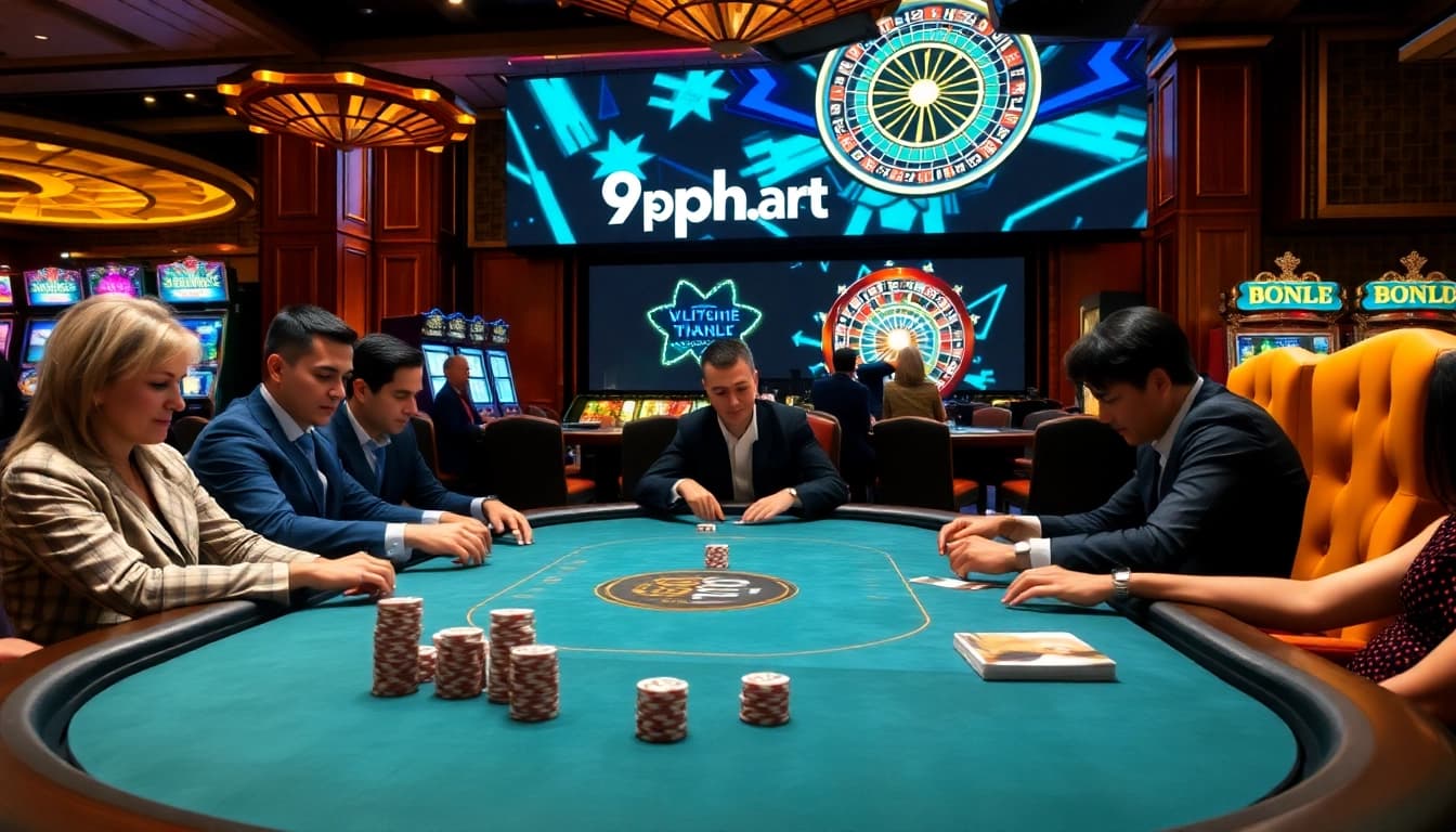 Engaged players at a luxurious poker table, showcasing online casino excitement at https://9ph.art/.
