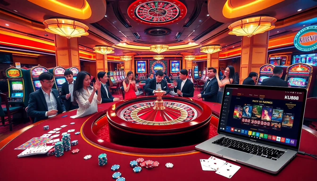 Gamblers enjoying a vibrant casino experience at KU888 with roulette and slot machines.